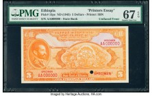 Ethiopia State Bank of Ethiopia 5 Dollars ND (1945) Pick 13pe Printer's Essay Specimen PMG Superb Gem Unc 67 EPQ. One POC; red Specimen overprints; se...