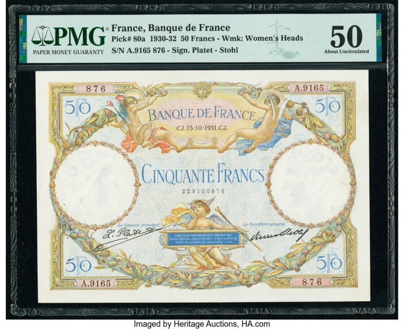 France Banque de France 50 Francs 15.10.1931 Pick 80a PMG About Uncirculated 50....