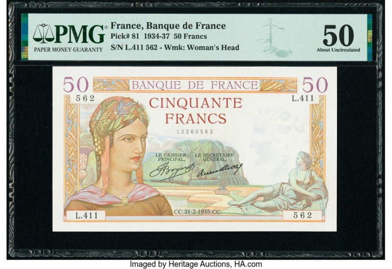 France Banque de France 50 Francs 21.2.1935 Pick 81 PMG About Uncirculated 50. 
...