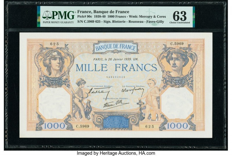 France Banque de France 1000 Francs 26.1.1939 Pick 90c PMG Choice Uncirculated 6...