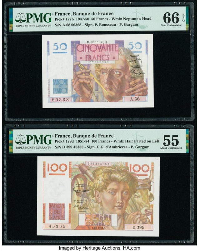 France Banque de France 50; 100 Francs 12.6.1947; 6.9.1951 Pick 127b; 128d Two E...