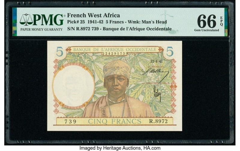 French West Africa Banque de l'Afrique Occidentale 5 Francs 22.4.1942 Pick 25 PM...