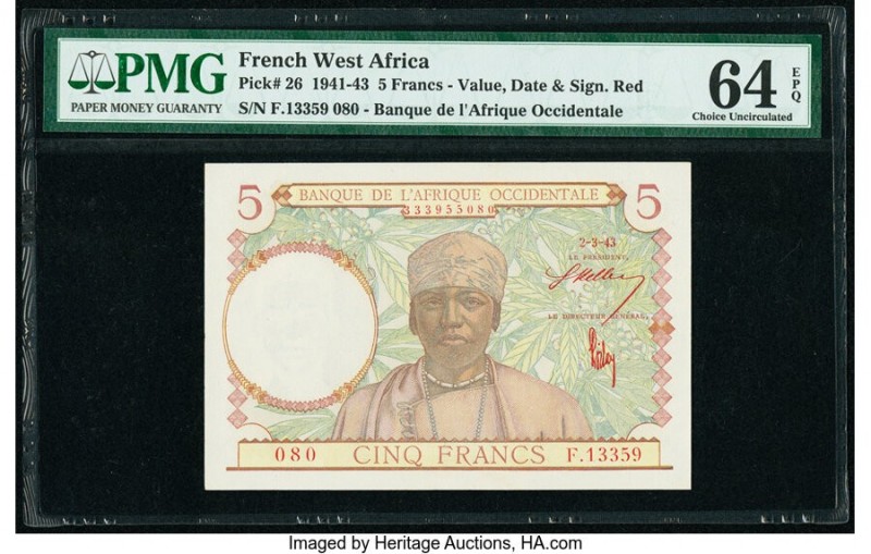 French West Africa Banque de l'Afrique Occidentale 5 Francs 2.3.1943 Pick 26 PMG...