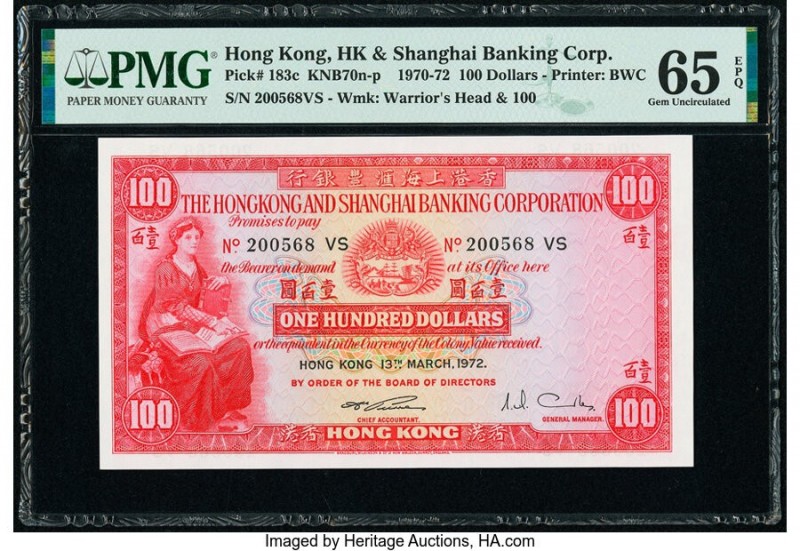 Hong Kong Hongkong & Shanghai Banking Corp. 100 Dollars 13.3.1972 Pick 183c KNB7...