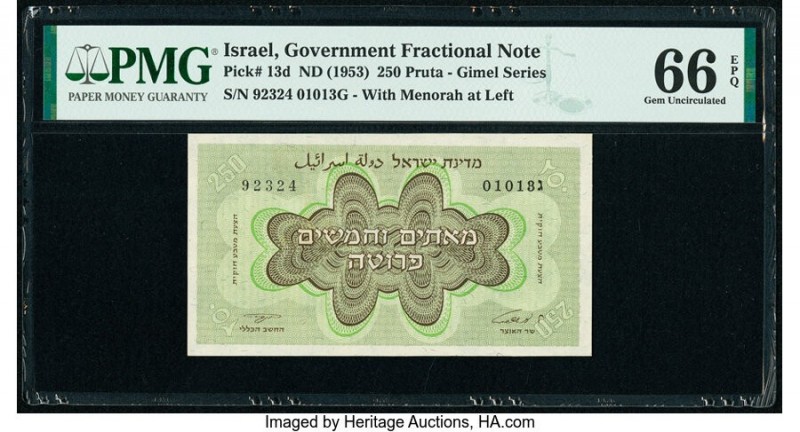 Israel Israel Government 250 Pruta ND (1953) Pick 13d PMG Gem Uncirculated 66 EP...