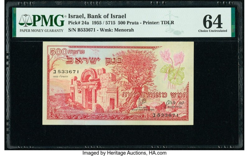 Israel Bank of Israel 500 Pruta 1955 / 5715 Pick 24a PMG Choice Uncirculated 64....
