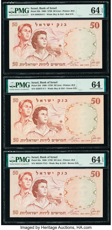 Israel Bank of Israel 50 Lirot 1960 / 5720 Pick 33b; 33d; 33e Three Examples PMG...