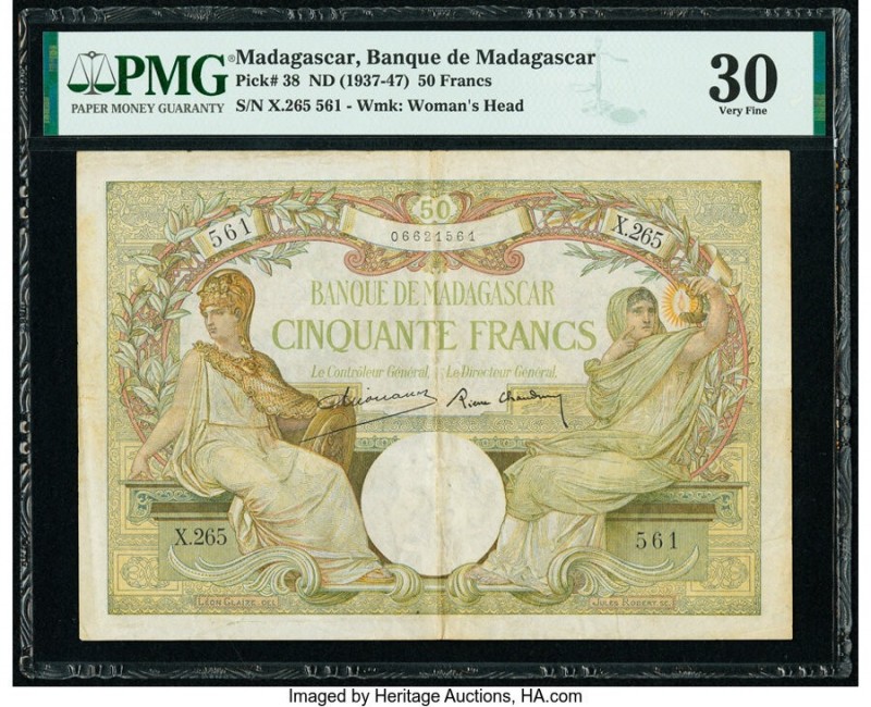 Madagascar Banque de Madagascar 50 Francs ND (1937-47) Pick 38 PMG Very Fine 30....