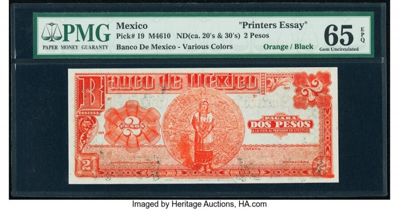 Mexico Banco de Mexico 2 Pesos ND (ca. 1920-30) Pick 19 Printer's Essay PMG Gem ...