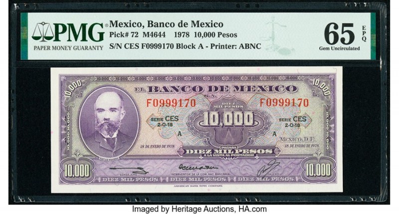 Mexico Banco de Mexico 10,000 Pesos 18.1.1978 Pick 72 PMG Gem Uncirculated 65 EP...