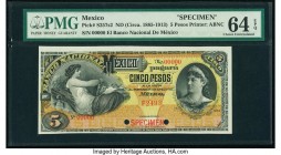 Mexico Banco Nacional de Mexicano 5 Pesos ND (1885-1913) Pick S257s2 M2598s Specimen PMG Choice Uncirculated 64 EPQ. Red Specimen overprints; two POCs...