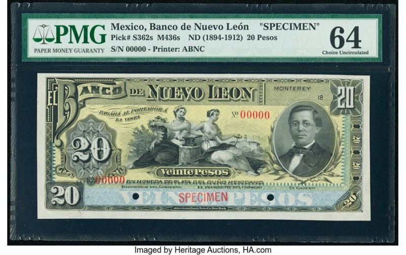 Mexico Banco de Nuevo Leon 20 Pesos ND (1894-1912) Pick S362s Specimen PMG Choic...