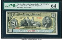 Mexico Banco de Nuevo Leon 20 Pesos ND (1894-1912) Pick S362s Specimen PMG Choice Uncirculated 64. Red Specimen overprint; two POCs.

HID09801242017

...