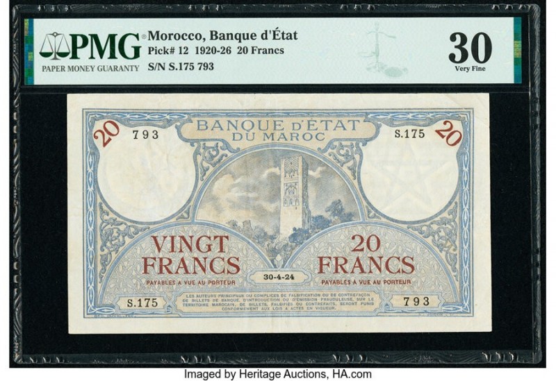 Morocco Banque d'Etat du Maroc 20 Francs 30.4.1924 Pick 12 PMG Very Fine 30. 

H...