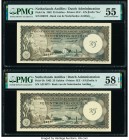 Netherlands Antilles Bank van de Nederlandse Antillen 25 Gulden 1962 Pick 3a; 3b Two Examples PMG About Uncirculated 55; Choice About Unc 58 EPQ. 

HI...