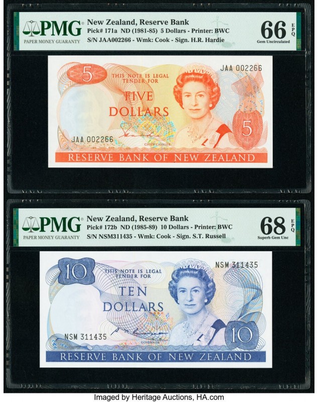 New Zealand Reserve Bank of New Zealand 5; 10 Dollars ND (1981-89) Pick 171a; 17...