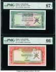 Oman Central Bank of Oman 1/2 Rial ND (1977) Pick 16a PMG Superb Gem Unc 67 EPQ; Oman Central Bank of Oman 1 Rial ND (1977) Pick 17a PMG Gem Uncircula...