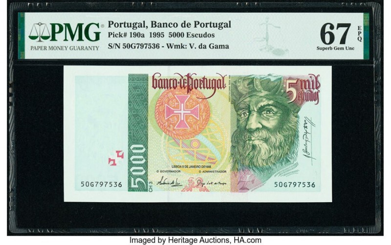 Portugal Banco de Portugal 5000 Escudos 1995 Pick 190a PMG Superb Gem Unc 67 EPQ...