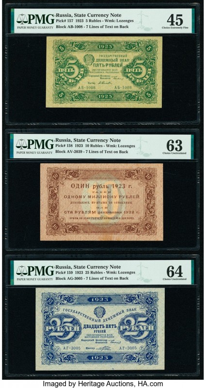 Russia State Currency Notes 5; 10; 25 Rubles 1923 Pick 157; 158; 159 Three Examp...