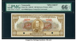 Venezuela Banco Central De Venezuela 100 Bolivares ND (1940-62) Pick 34s Specimen PMG Gem Uncirculated 66 EPQ. Red Specimen overprints; two POCs.

HID...