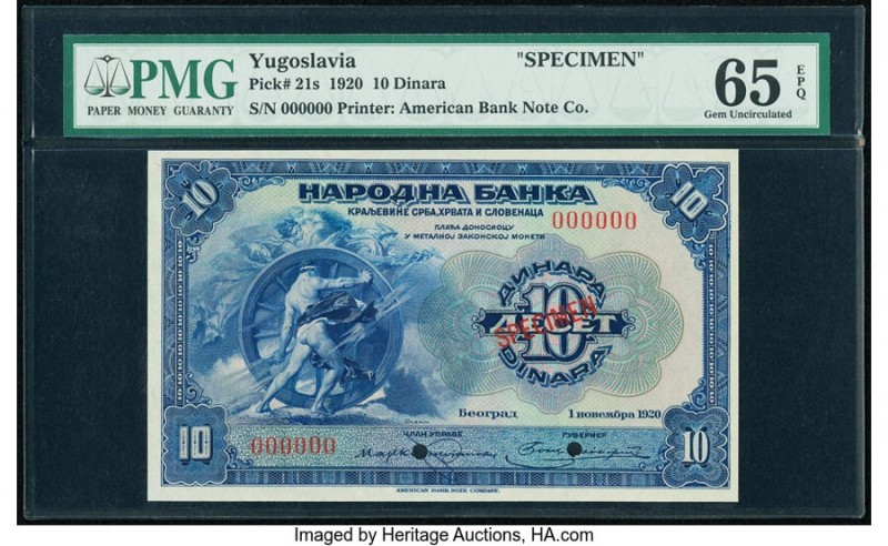 Yugoslavia National Bank 10 Dinara 1.11.920 Pick 21s Specimen PMG Gem Uncirculat...