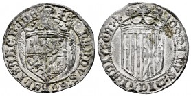 Fernando e Isabel (1474-1504). 1 real. Toledo. (Cal-459). (Lf-C7.0.1). Anv.: FERNANDVS:ET hELISABEB:DE. Escudo de Castilla y León con T debajo. Cabeza...