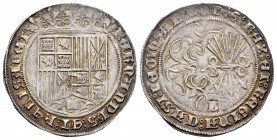Fernando e Isabel (1474-1504). 1 real. Burgos. (Cal-301). (Lf-F1.4.2.4). Anv.: FERNANDVS: ET: hELISABET:. Rev.: + D: G: REX: ET: REGINA: CAST: LEGIO: ...