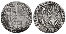 Fernando e Isabel (1474-1504). 1 real. Granada. (Cal-365). (Lf-F4.4.1). Ag. 2,25 g. Escudo entre adornos cruciformes. G en reverso. MBC-. Est...50,00....