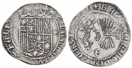 Fernando e Isabel (1474-1504). 1 real. Granada. (Cal-365 var). (Lf-F4.4.1). Anv.: FERNANDV(S : E)T hELIS(A). Rev.: + REX : ET REGINA : CAST ·( LIG)I. ...