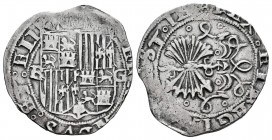 Fernando e Isabel (1474-1504). 1 real. Granada. (Cal-372 var). (Lf-no cita). Anv.: ...ET: ELI. Rev.: ...CAST: LE. Ag. 3,20 g. Escudo entre G - R. Roel...