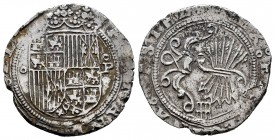 Fernando e Isabel (1474-1504). 1 real. Segovia. (Cal-382 var). (Lf-no cita). Ag. 3,45 g. Escudo entre roel y P superada por roel. MBC-. Est...65,00. ...
