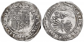 Fernando e Isabel (1474-1504). 1 real. Sevilla. (Cal-408 var). Anv.: FERNANDVS ELISABE DE. Rev.: + REX · ET REGINA · CAST · LEGION · A. Ag. 3,34 g. Co...