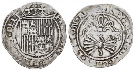 Fernando e Isabel (1474-1504). 1 real. Sevilla. (Cal-408). (Lf-F6.0.14). Anv.: FE(RN)AND(V)S· EL(ISABE)T· DEI. Rev.: + REX· ET REGINA· CAST· LEGION· A...