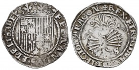 Fernando e Isabel (1474-1504). 1 real. Sevilla. (Cal-408). (Lf-no cita esta posición). Anv.: FERNANDVS: ET: ELISABE. Rev.: + REX· ET REGINA· CAST· LEG...