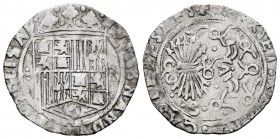 Fernando e Isabel (1474-1504). 1 real. Sevilla. (Cal-411). (Lf-F6.7.1 var). Ag. Tres puntos a cada lado del escudo. S entre puntos en reverso. MBC-. E...