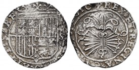 Fernando e Isabel (1474-1504). 1 real. Sevilla. (Cal-440). (Lf-6.11.7). Ag. 3,39 g. Escudo entre d cuadrada y S, sin marcas en reverso. BC+. Est...40,...