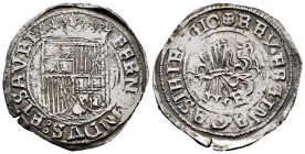 Fernando e Isabel (1474-1504). 2 reales. Burgos. (Cal-484.1). (Lf-G1.2.1 var). Anv.: FFRNANDVS: FLSAVFT. Rev.: + REX· E RGINA· CASTE· LE· GIO. Ag. 6,8...