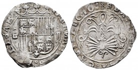Fernando e Isabel (1474-1504). 2 reales. Granada. (Cal-no cita). (Lf-no cita). Anv.: FERNAN(DV)S: (ET E)LISAB :. Rev.: + REX: ET (REGINA:) CASTE LEGIO...