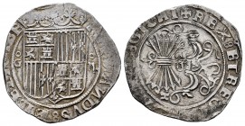 Fernando e Isabel (1474-1504). 2 reales. Granada. (Cal-498 var). (Lf-G4.3.7). Anv.: FERNANDVS: ET: ELISABE. Rev.: + REX: ET REG(INA: C)A(ST· LE)GIONI....