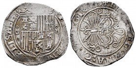 Fernando e Isabel (1474-1504). 2 reales. Granada. (Cal-498 var). (Lf-G4.3.7). Anv.: FER(NA)NDV(S: ET: )ELISABE :. Rev.: + R(EX: ET:) REGINA: C(AST: LE...