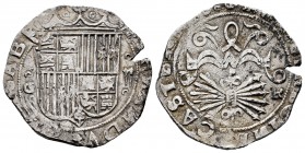 Fernando e Isabel (1474-1504). 2 reales. Granada. (Cal-498 var). (Lf-G4.3.12). Anv.: (FE)RNANDV(S : ET : ELI)SAB. Rev.: (+ REX · ET )REGINA : CASTE( I...