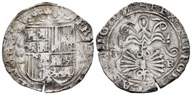 Fernando e Isabel (1474-1504). 2 reales. Granada. (Cal-498 var). (Lf-G4.3.12). Rev.: + REX: ET REGI(NA) CAS(TE) LEGION :. Ag. 6,86 g. Escudo entre G y...