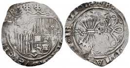 Fernando e Isabel (1474-1504). 2 reales. Granada. (Cal-499 var). (Lf-no cita). Ag. 6,82 g. Escudo entre II y G acotados por roeles. Ensayador R debajo...