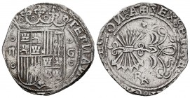 Fernando e Isabel (1474-1504). 2 reales. Granada. (Cal-506 var). Anv.: FERNAN.... Rev.: + REX: ET REG(INA: CAST: L)EGION: A. Ag. 6,86 g. Escudo entre ...