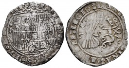 Fernando e Isabel (1474-1504). 2 reales. Segovia. (Cal-507 var). (Lf-G5.3.10). Rev.: (+ RE)X : (ET REG)INA : CASTELE : LEGIO :. Ag. 6,83 g. Escudo ent...