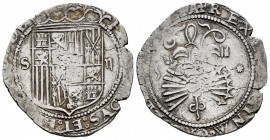 Fernando e Isabel (1474-1504). 2 reales. Sevilla. (Cal-516). (Lf-G6.4.9). Ag. 6,76 g. Escudo entre S - II. Estrella a derecha del yugo y flechas. MBC-...
