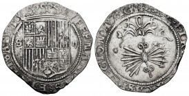 Fernando e Isabel (1474-1504). 2 reales. Sevilla. (Cal-516). (Lf-G6.4.14). Anv.: ... ET· (E)LISABET·. Rev.: ...LEGION· ARAG:. Ag. 6,81 g. Escudo entre...