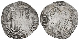 Fernando e Isabel (1474-1504). 2 reales. Sevilla. (Cal-516). (Lf-G6.4.15). Anv.: ...ELISABET. Rev.: ...LEGIONI. Ag. 6,72 g. Escudo entre S - II. Estre...