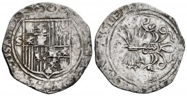 Fernando e Isabel (1474-1504). 2 reales. Sevilla. (Cal-516). (Lf-G6.4.23). Anv.: ...(E)LISABE. Ag. 6,75 g. Escudo entre S - II. Estrella a derecha del...