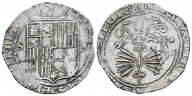 Fernando e Isabel (1474-1504). 2 reales. Sevilla. (Cal-516). (Lf-G6.4.23). Ag. 6,94 g. Escudo entre S - II. Estrella a derecha del yugo y flechas. MBC...
